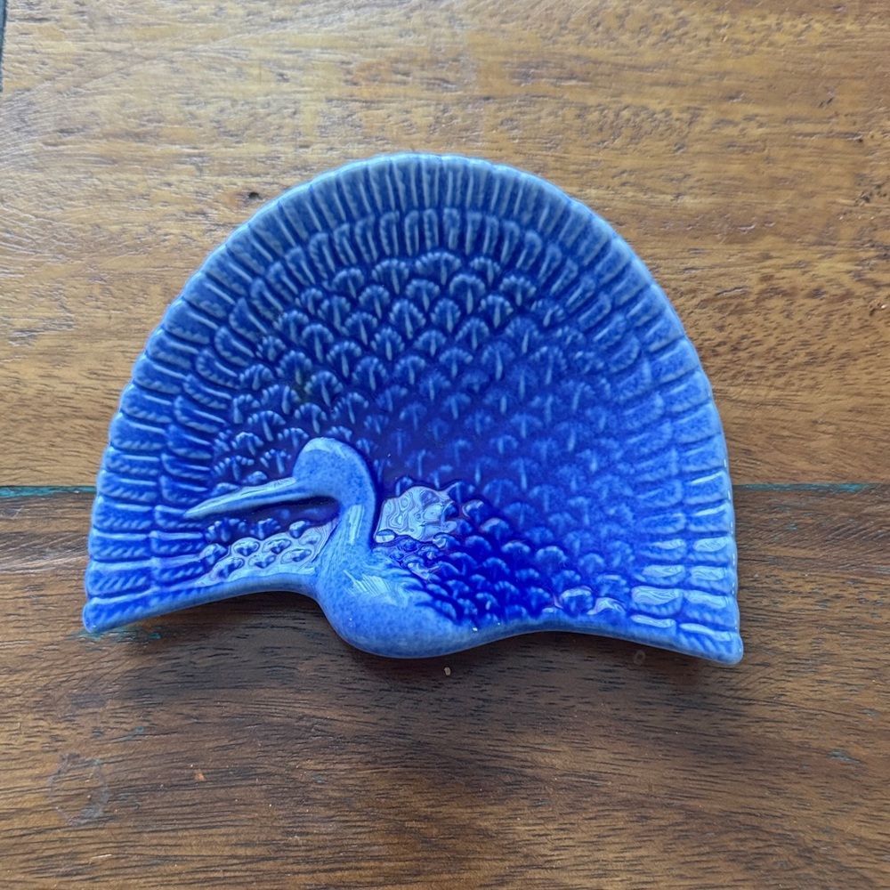 Fukagawa Blue Ceramic Fan-Shaped Bird Accent